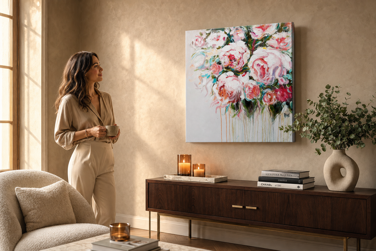 Festett kép falra VIRÁGOK 70x70 cm – kézzel festett kép elegáns enteriőrben (Golden hour luxe) | wall mockup | prémium vászon | Papilora.sk