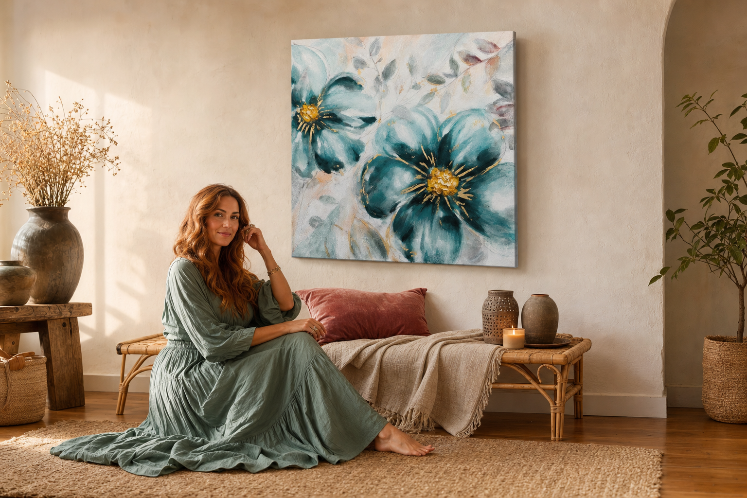 Festett falikép VIRÁGOK 70x70 cm – kézzel festett kép elegáns enteriőrben (Bohemian warm) | wall mockup | prémium vászon | Papilora.sk