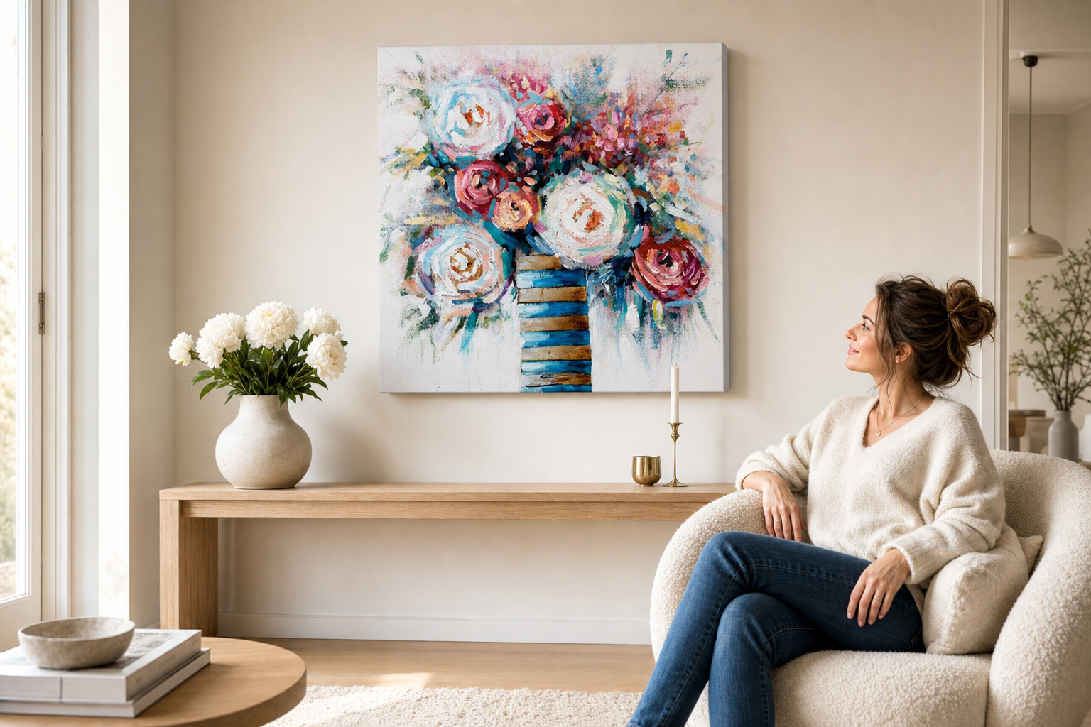 Festett kép falra VIRÁGOK 70x70 cm – kézzel festett kép elegáns enteriőrben (Scandi cream) | fal makett | prémium vászon | Papilora.sk