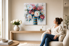 Festett kép falra VIRÁGOK 70x70 cm – kézzel festett kép elegáns enteriőrben (Scandi cream) | fal makett | prémium vászon | Papilora.sk