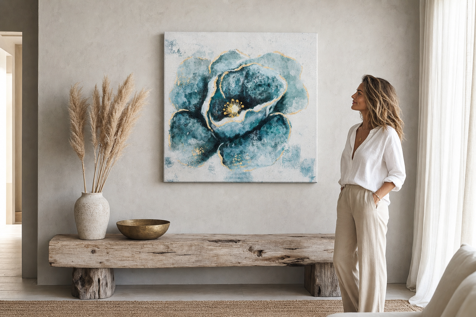 Festett kép falra VIRÁGOK 50x50 cm – kézzel festett kép elegáns enteriőrben (Modern coastal) | wall mockup | prémium vászon | Papilora.sk
