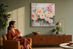 Festett kép falra VIRÁGOK 100x100 cm – kézzel festett kép elegáns enteriőrben (Mid-century warm) | fal mockup | prémium vászon | Papilora.sk