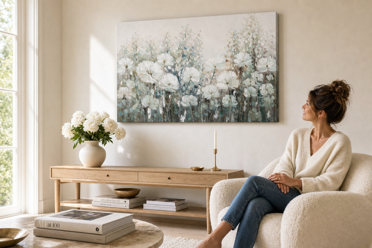 Festett falikép VIRÁGOK 120x80 cm – kézzel festett kép elegáns enteriőrben (Scandi cream) | wall mockup | prémium vászon | Papilora.sk
