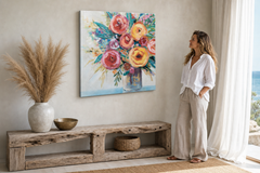 Festett kép falra VIRÁGOK 80x80 cm – kézzel festett kép elegáns enteriőrben (Modern coastal) | wall mockup | prémium vászon | Papilora.sk