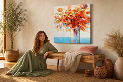 Festett falikép VIRÁGOK VÁZÁBAN 70x70 cm – kézzel festett kép elegáns enteriőrben (Bohemian warm) | fal makett | prémium vászon | Papilora.sk