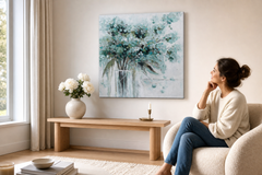 Festett kép falra VIRÁGOK VÁZÁBAN 70x70 cm – kézzel festett kép elegáns enteriőrben (Scandi cream) | wall mockup | prémium vászon | Papilora.sk