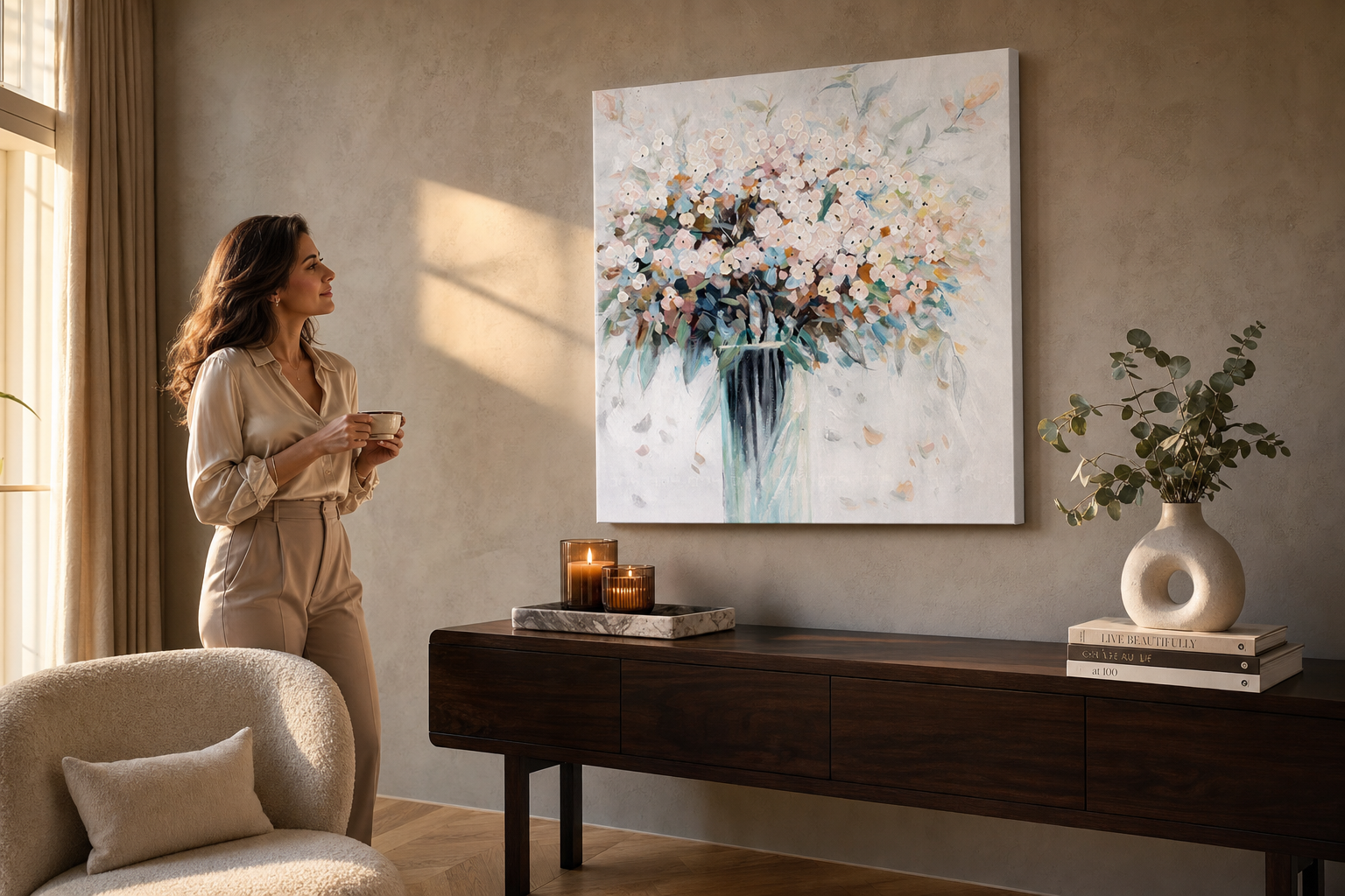 Festett falikép VIRÁGOK VÁZÁBAN 70x70 cm – kézzel festett kép elegáns enteriőrben (Golden hour luxe) | fal makett | prémium vászon | Papilora.sk