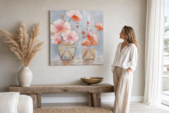 Festett kép falra VIRÁGOK VÁZÁBAN 60x60 cm – kézzel festett kép elegáns enteriőrben (Modern coastal) | falra illesztett kép | prémium vászon | Papilora.sk