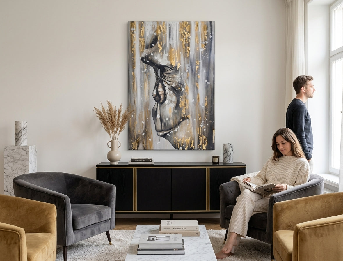 Kézzel festett vászonkép motívummal: GORILA, arany akcentek, állat fehér-szürke árnyalatokban felakasztva az enteriőrben dolgozószoba számára, éteri hangulat – enteriőr