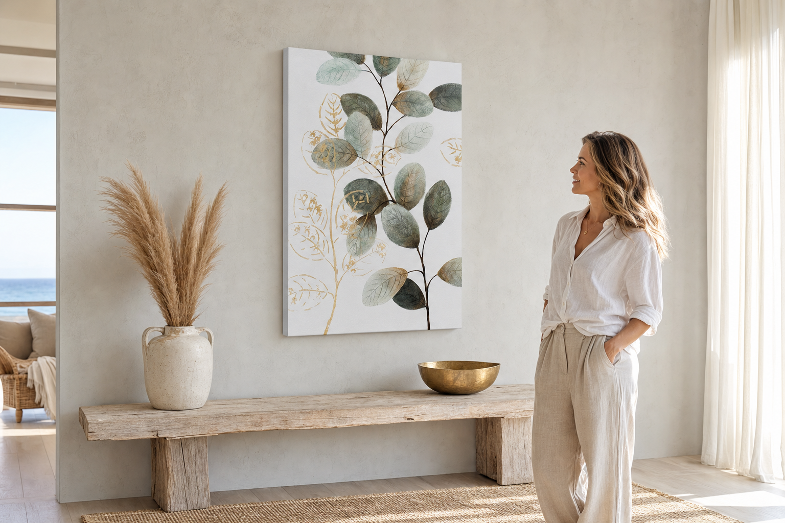 Festett kép falra LEVELEK 60x90 cm – kézzel festett kép elegáns enteriőrben (Modern coastal) | fal mockup | prémium vászon | Papilora.sk