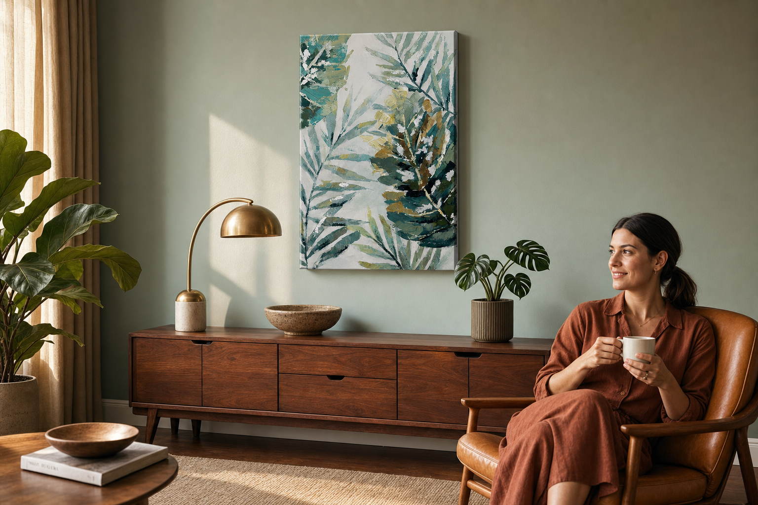 Festett kép falra LEVELEK 60x90 cm – kézzel festett kép elegáns enteriőrben (Mid-century warm) | wall mockup | prémium vászon | Papilora.sk