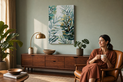 Festett kép falra LEVELEK 60x90 cm – kézzel festett kép elegáns enteriőrben (Mid-century warm) | wall mockup | prémium vászon | Papilora.sk