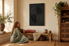 Festett falikép LIST 60x90 cm – kézzel festett kép elegáns enteriőrben (Bohemian warm) | wall mockup | prémium vászon | Papilora.sk