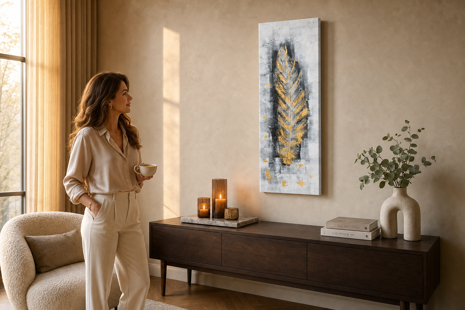 Festett falikép LIST 40x120 cm – kézzel festett kép elegáns enteriőrben (Golden hour luxe) | wall mockup | prémium vászon | Papilora.sk