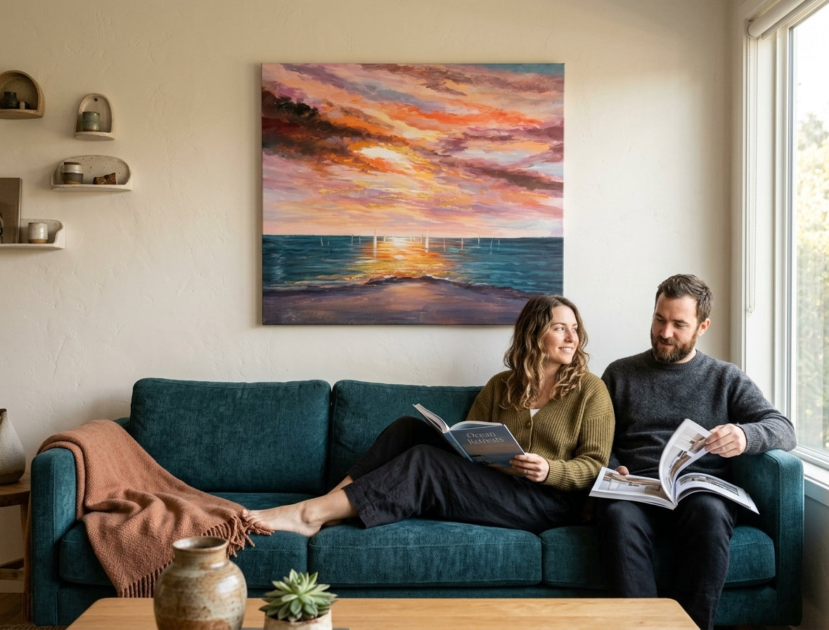 Boho stílusú vászonkép motívummal: NAPLEMENTE, óceán, égbolt, felhők, tenger és tengerpart lila-kék árnyalatokban felakasztva az enteriőrben előszoba számára – enteriőr