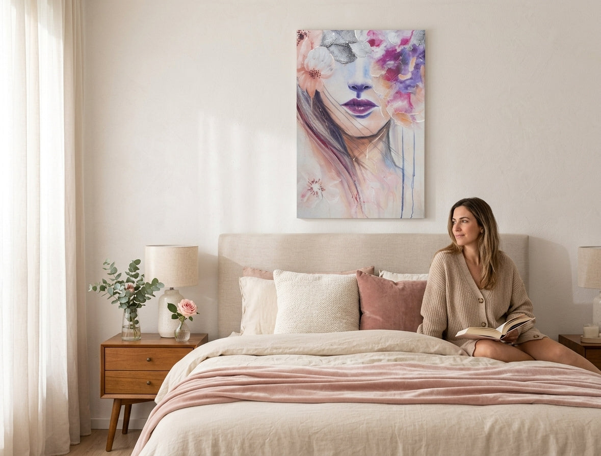 Boho stílusú vászonkép motívummal: NŐ, virágok, haj, természet lila-narancs árnyalatokban felakasztva az enteriőrben hálószoba számára, éteri hangulat – enteriőr
