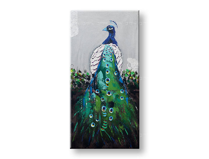 Pop art vászonkép motívummal: PÁVA, madár fehér-kék árnyalatokban, elegáns hangulat, természet és elegancia, alkalmas a előszoba számára | Festett fali kép PÁVA – fő