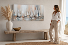 Festett falikép VITORLÁSOK 140x70 cm – kézzel festett kép elegáns enteriőrben (Modern tengerparti) | wall mockup | prémium vászon | Papilora.sk