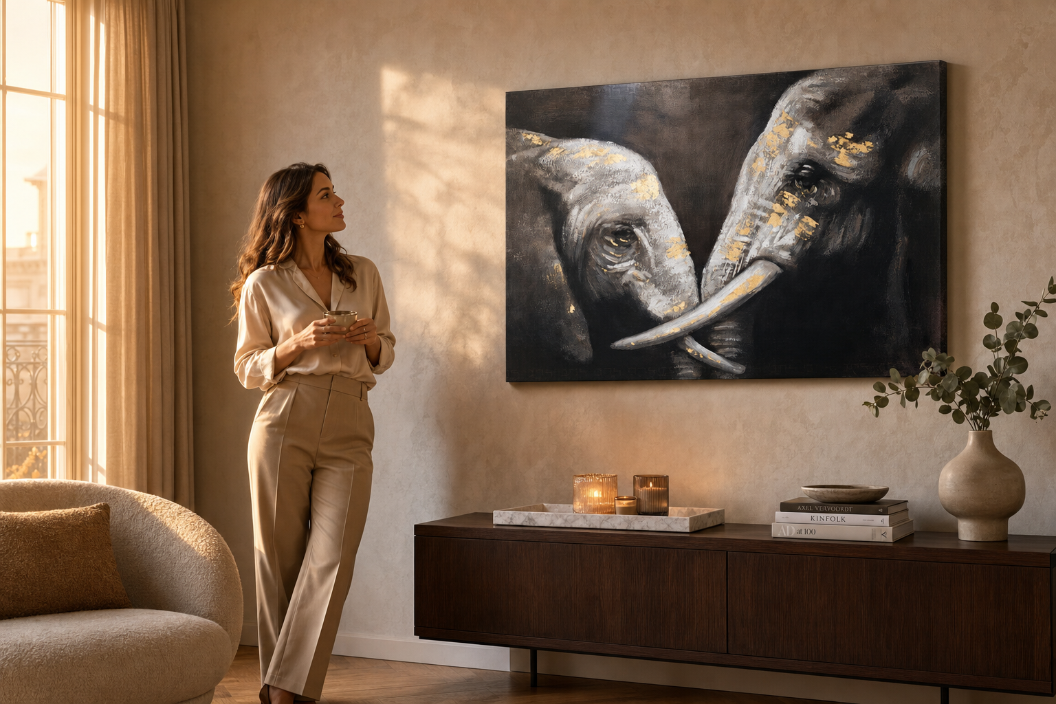 Festett fali kép ELEFÁNTOK 120x80 cm – kézzel festett kép elegáns enteriőrben (Golden hour luxe) | wall mockup | prémium vászon | Papilora.sk