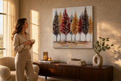 Festett falikép FÁK 70x70 cm – kézzel festett kép elegáns enteriőrben (Golden hour luxe) | wall mockup | prémium vászon | Papilora.sk