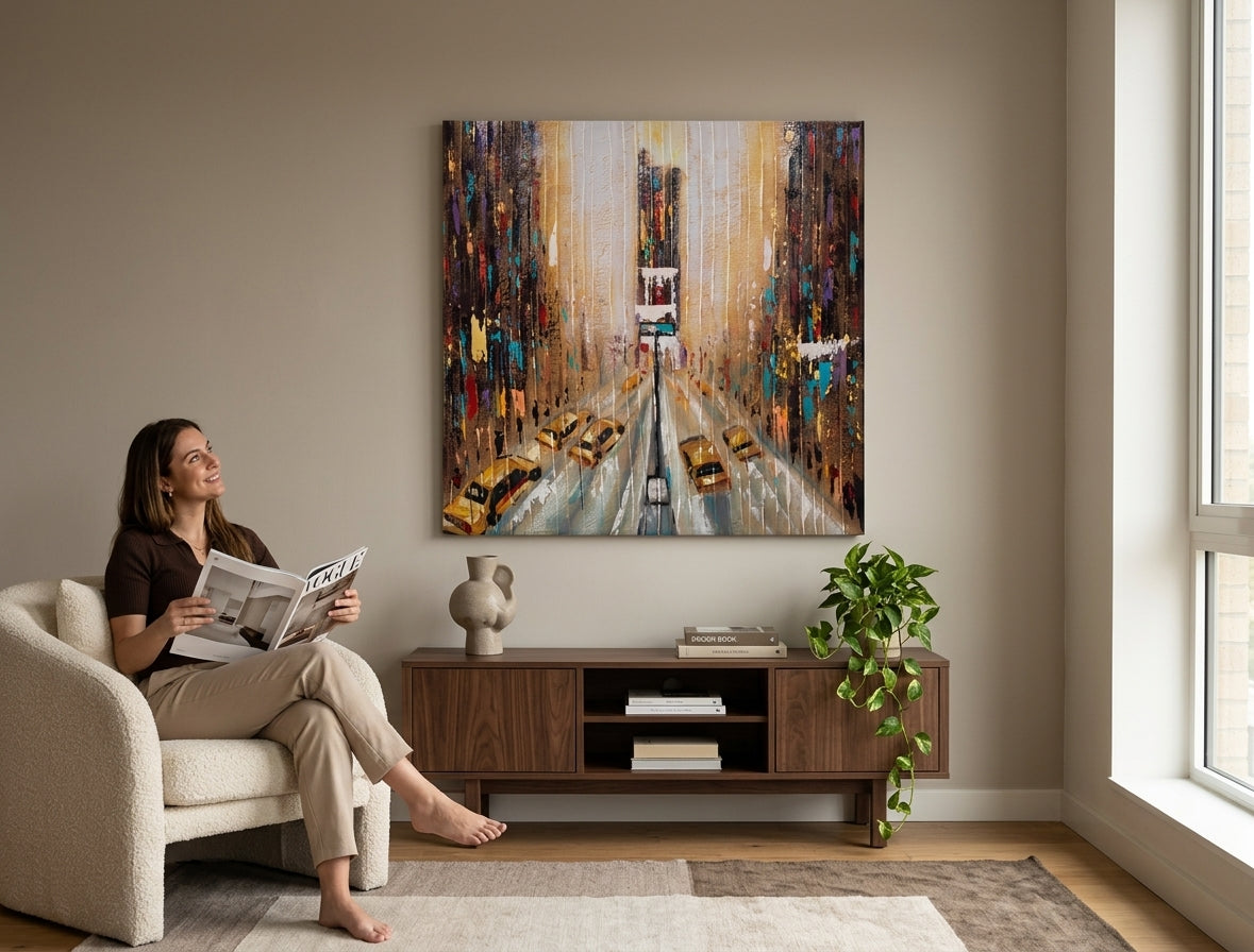 Pop art vászonkép motívummal: eső, városi motívum fehér-kék árnyalatokban felakasztva az enteriőrben iroda számára, energikus hangulat, városi élet – enteriőr