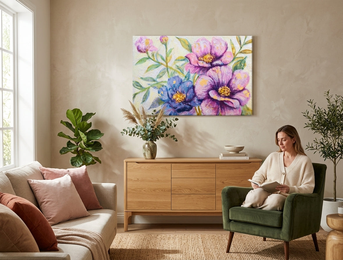 Pop art vászonkép motívummal: virágok, levelek, kert, táj, természet kék-arany árnyalatokban felakasztva az enteriőrben hálószoba számára, vidám hangulat – enteriőr