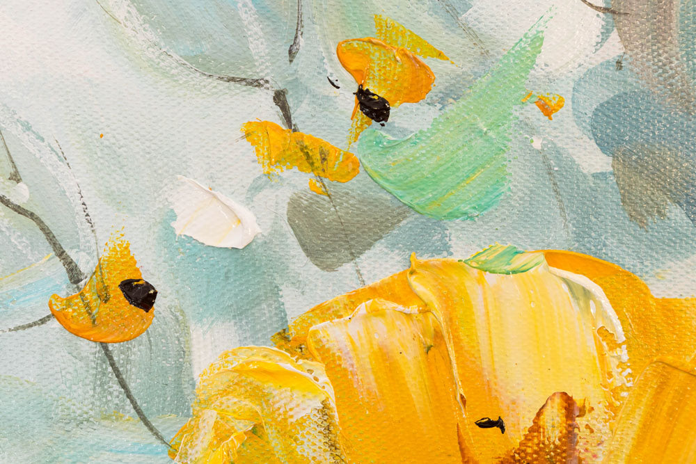 Impresszionista vászonkép motívummal: Virágok vázában — sárga csokor 70×70 cm, liliom, színes virágok, virágok, virágok vázában fehér-kék árnyalatokban – termék, nézet 3