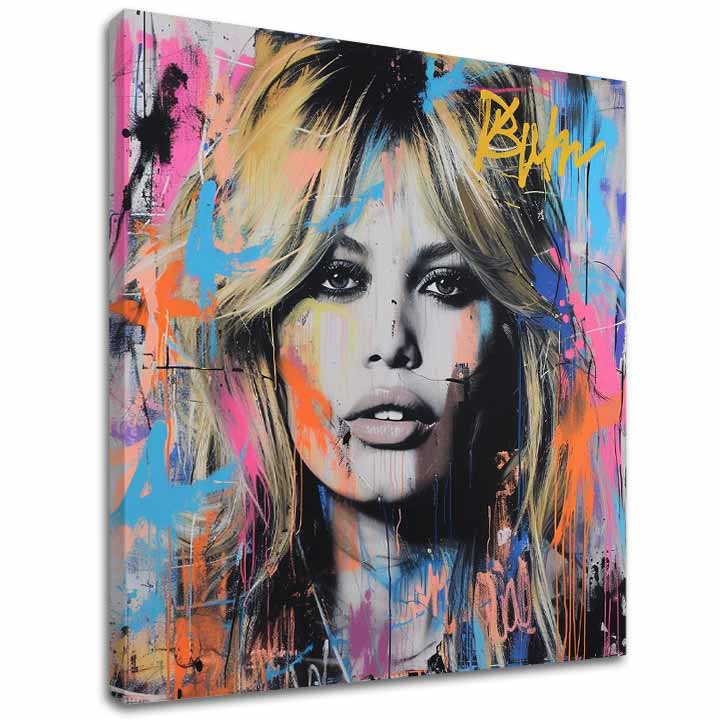 Modern vászonkép motívummal: Brigitte Bardot - Krása zachytená na vásznon, graffiti arany-fekete árnyalatokban, energikus hangulat | Kép Brigitte Bardot - Krása zachytená na vásznon – fő