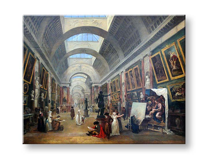 Vintage vászonkép motívummal: Hubert Robert - Projekt Grande Galerie du Louvre, térkép barna-kék árnyalatokban, ünnepi hangulat, alkalmas a előszoba számára – termék, nézet 2