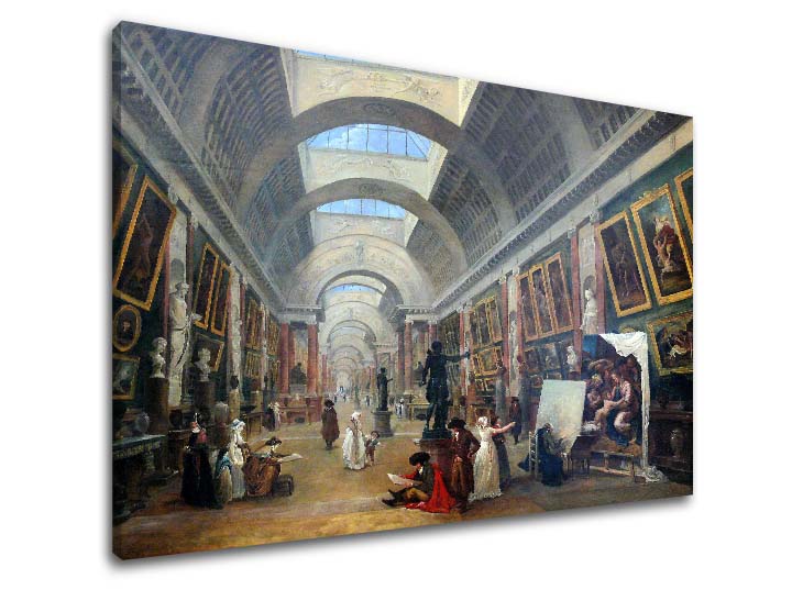 Vintage vászonkép motívummal: Hubert Robert - Projekt Grande Galerie du Louvre, térkép barna-kék árnyalatokban, ünnepi hangulat, alkalmas a előszoba számára – termék