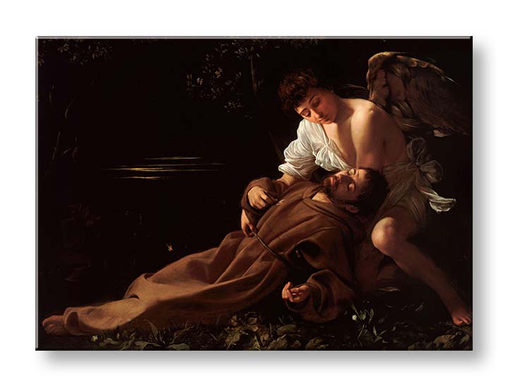 Vintage vászonkép motívummal: angyal, vallási motívum, emberek barna-arany árnyalatokban, nyugodt hangulat, természet, alkalmas a nappali számára | Vászonkép Michelangelo Caravaggio - Svat..., nézet 3