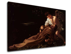 Vintage vászonkép motívummal: angyal, vallási motívum, emberek barna-arany árnyalatokban, nyugodt hangulat, természet, alkalmas a nappali számára | Vászonkép Michelangelo Caravaggio - Svat..., nézet 2