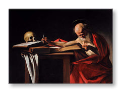 Vintage vászonkép motívummal: Michelangelo Caravaggio - Szent Jeroným, koponya, térkép barna-piros árnyalatokban, ünnepi hangulat, alkalmas a dolgozószoba számára – termék, nézet 2