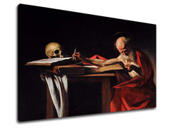 Vintage vászonkép motívummal: Michelangelo Caravaggio - Szent Jeroným, koponya, térkép barna-piros árnyalatokban, ünnepi hangulat, alkalmas a dolgozószoba számára – termék