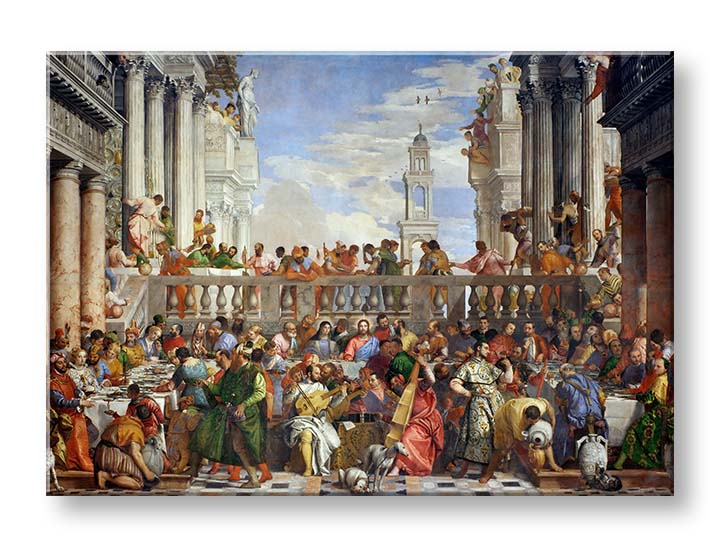 Pop art vászonkép motívummal: Paolo Veronese - Svadba v Káne Galilejskej kék-zöld árnyalatokban, ünnepi hangulat, alkalmas a konyha számára – termék, nézet 2
