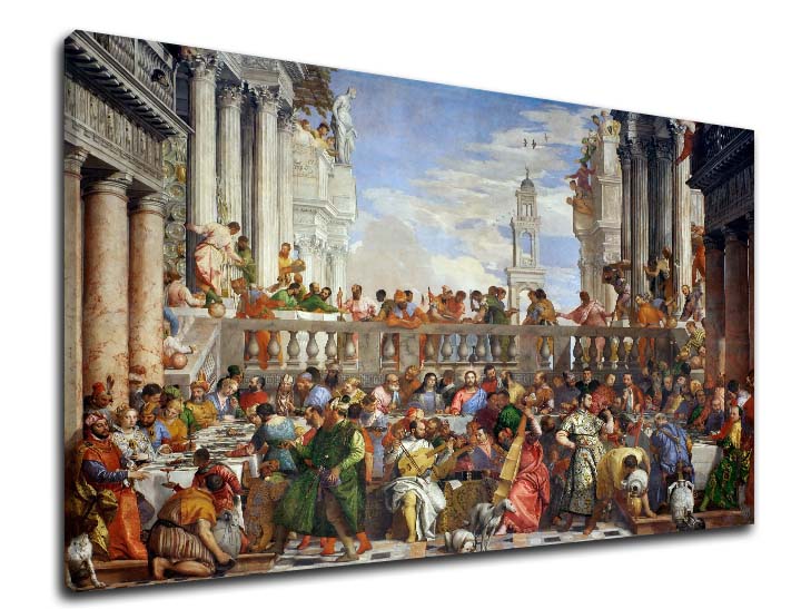 Pop art vászonkép motívummal: Paolo Veronese - Svadba v Káne Galilejskej kék-zöld árnyalatokban, ünnepi hangulat, alkalmas a konyha számára – termék