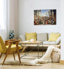 Pop art vászonkép motívummal: Paolo Veronese - Svadba v Káne Galilejskej kék-zöld árnyalatokban, ünnepi hangulat, alkalmas a konyha számára – fő
