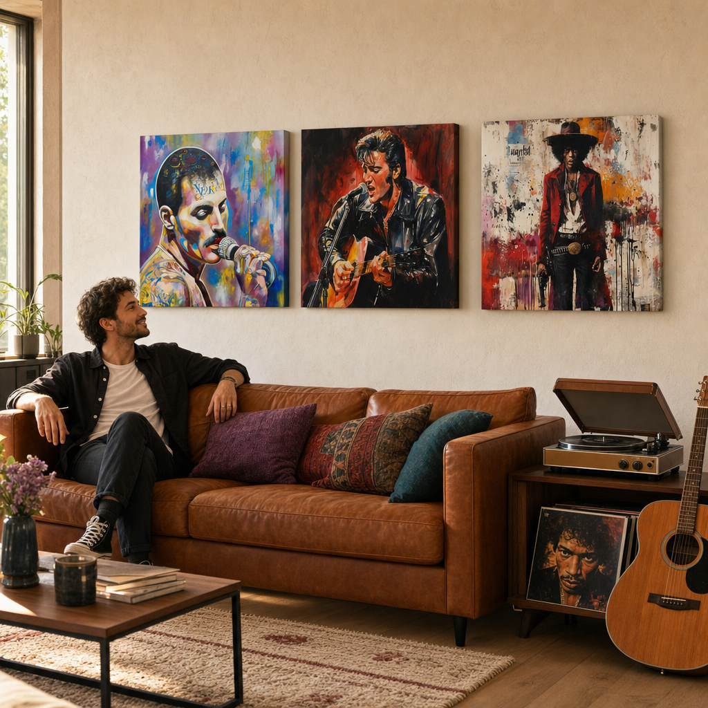Elvis Presley gitározó portréja egy modern, stílusos belső térben, fa konzol fölött, vázával és gyertyával, Papilora.