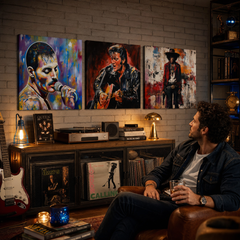 Elvis Presley gitározó portréja egy modern, stílusos belső térben, fa konzol fölött, vázával és gyertyával, Papilora.