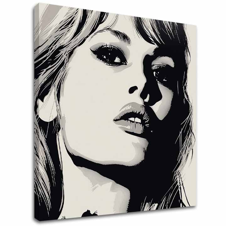 Modern vászonkép motívummal: Brigitte Bardot - Elegancia 60. rokov, haj fehér-fekete árnyalatokban, drámai hangulat | Kép Brigitte Bardot - Elegancia 60. rokov – fő