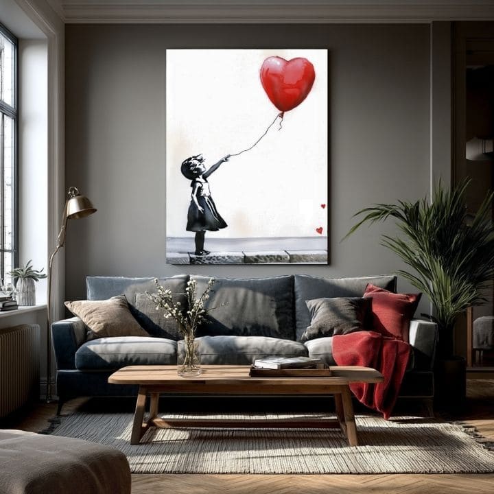 Modern vászonkép motívummal: Heart Balloon Girl, léggömb, szív fehér-fekete árnyalatokban, melankolikus hangulat, nádej | Kép Heart Balloon Girl – termék