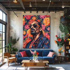 Modern vászonkép motívummal: Snoop Dogg - Ikona rapovej scény, virágok narancs árnyalatokban | Kép Snoop Dogg - Ikona rapovej scény – termék, nézet 2