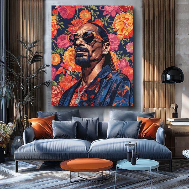 Modern vászonkép motívummal: Snoop Dogg - Ikona rapovej scény, virágok narancs árnyalatokban | Kép Snoop Dogg - Ikona rapovej scény – termék