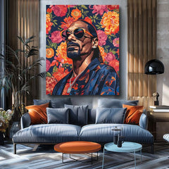 Modern vászonkép motívummal: Snoop Dogg - Ikona rapovej scény, virágok narancs árnyalatokban | Kép Snoop Dogg - Ikona rapovej scény – termék