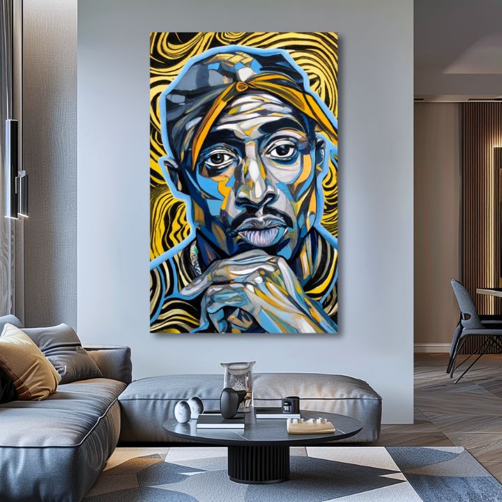 Kézzel festett vászonkép motívummal: Tupac Shakur - Zlaté tóny rapu arany-fekete árnyalatokban, intenzív hangulat, dicsőség | Kép Tupac Shakur - Zlaté tóny rapu – termék