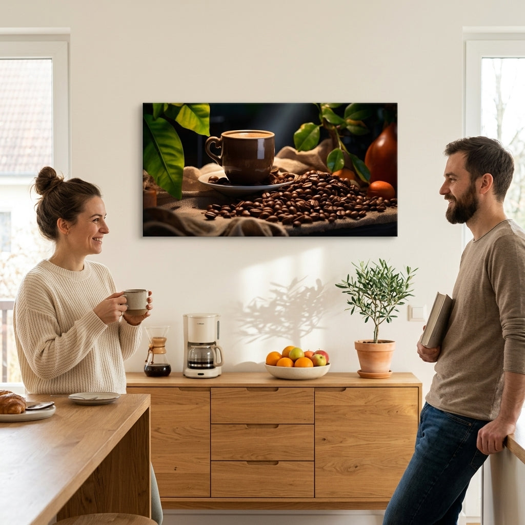 Modern vászonkép motívummal: Majstrovské Dielo Baristu, csésze kávé, természet bézs-barna árnyalatokban felakasztva az enteriőrben konyha számára | Kávé képek a konyha számára Majstrovské Dielo Baristu