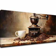 Vintage vászonkép motívummal: Čas Oddychu, csésze kávé fehér-bézs árnyalatokban, otthonos hangulat, alkalmas a konyha számára | Kávé képek a konyha számára Čas Oddychu – fő