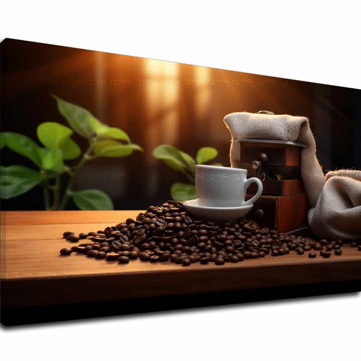 Modern vászonkép motívummal: Elegancia Espressa, csésze kávé, térkép, természet fehér-barna árnyalatokban, otthonos hangulat, alkalmas a konyha számára – fő
