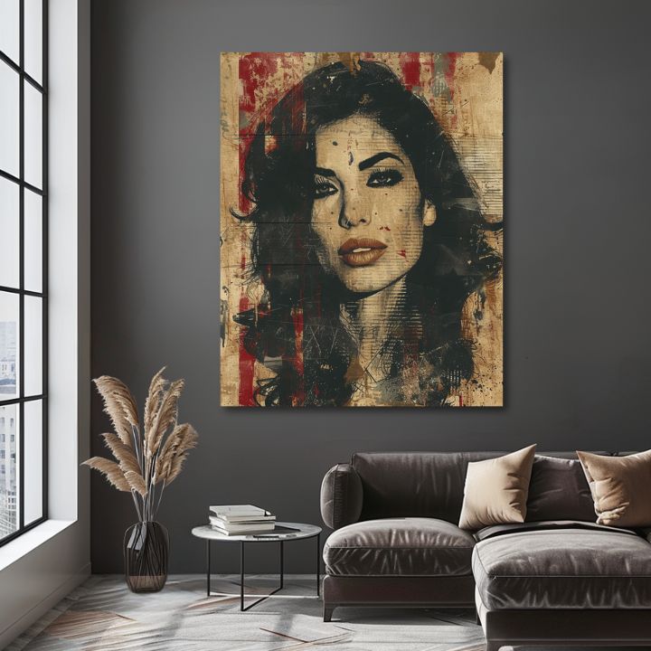 Modern vászonkép motívummal: Amy Winehouse - Hlboký nézet duše bézs-fekete árnyalatokban, merész hangulat, szépség | Kép Amy Winehouse - Hlboký nézet duše – termék, nézet 2