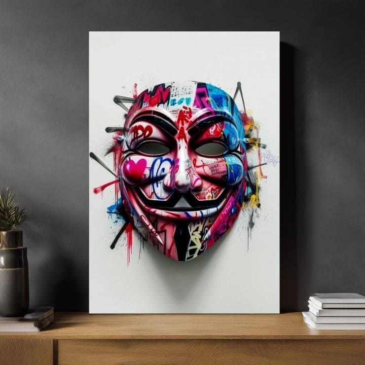 Modern vászonkép motívummal: Anonymous Mask fehér-fekete árnyalatokban, energikus hangulat | Kép Anonymous Mask – termék